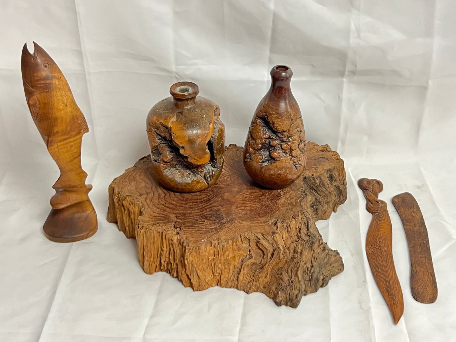 Burl Wood, Carved Vases, Fish + More - (2)Carved Burl Vases 5'' & 6''T, Burl Wood Piece 12'' x 11'' (1 of 8)