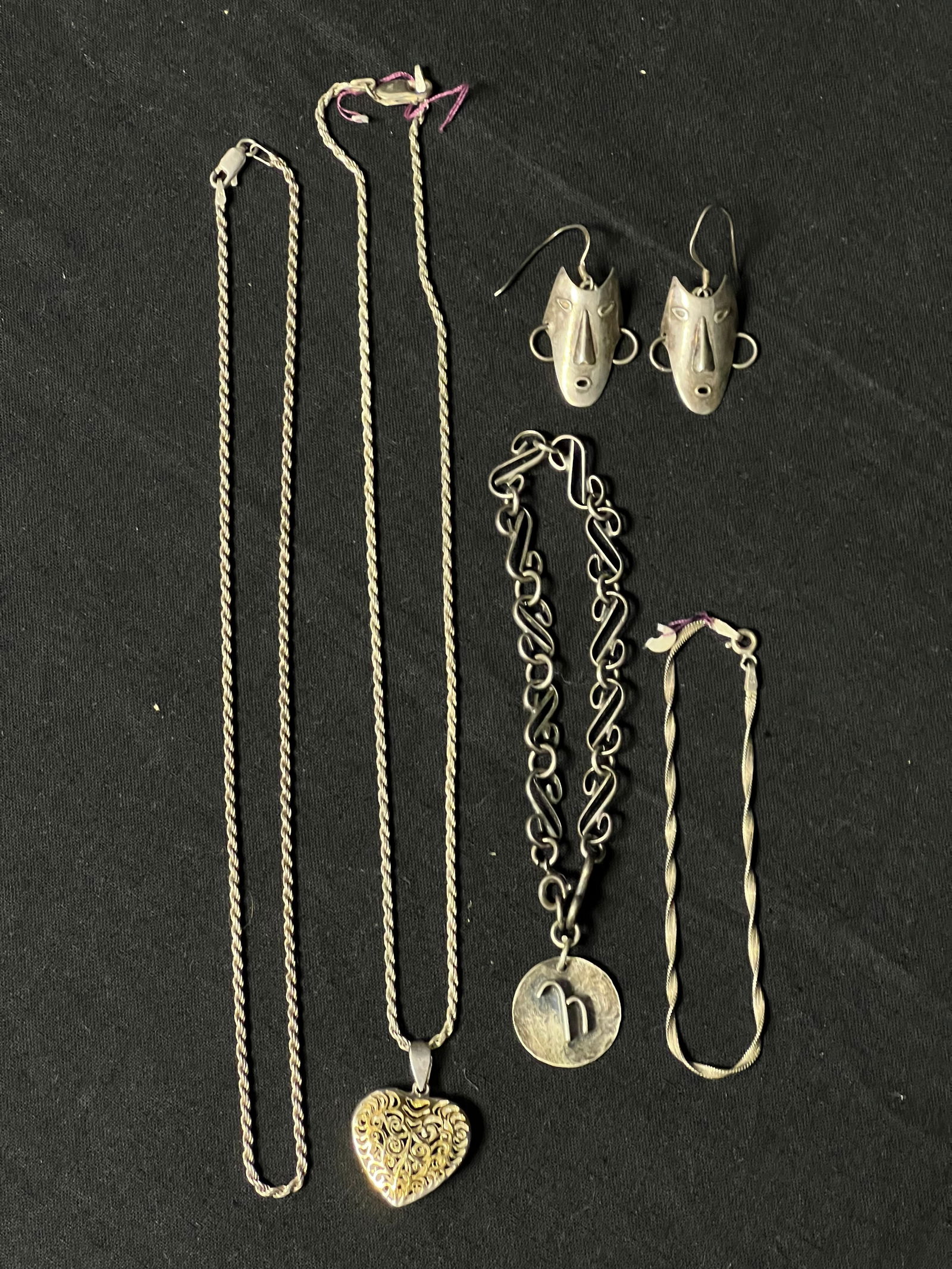 Vtg Sterling Silver Jewelry - (2)16'' Necklaces, Heart Pendant, (2)Bracelets, Face Earrings (1 of 3)