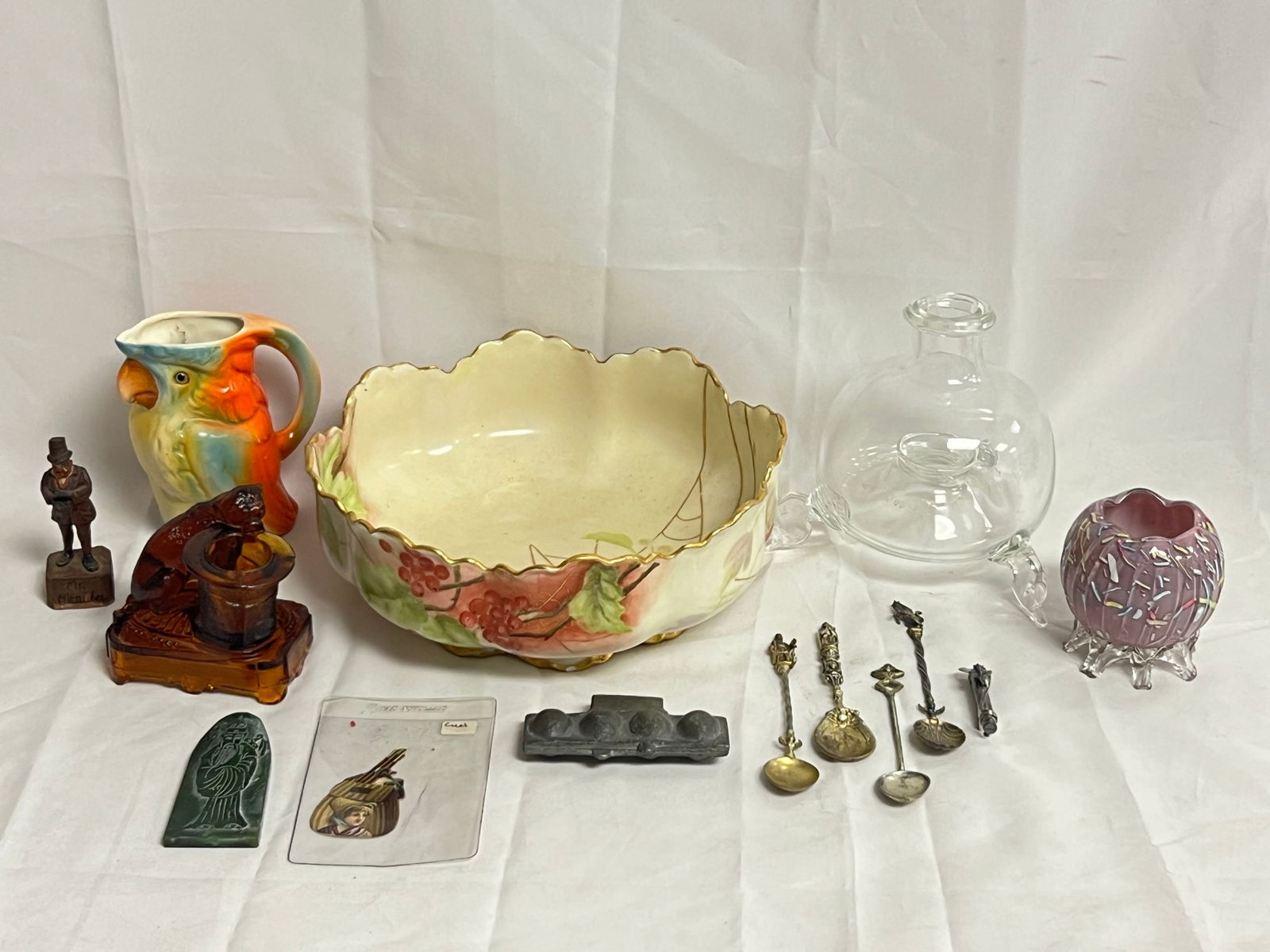 Tray Lot- Parrot Cup, Art Glass, Signed Porcelain,More - Signed Haviland Handpainted Bowl, Carved (1 of 11)
