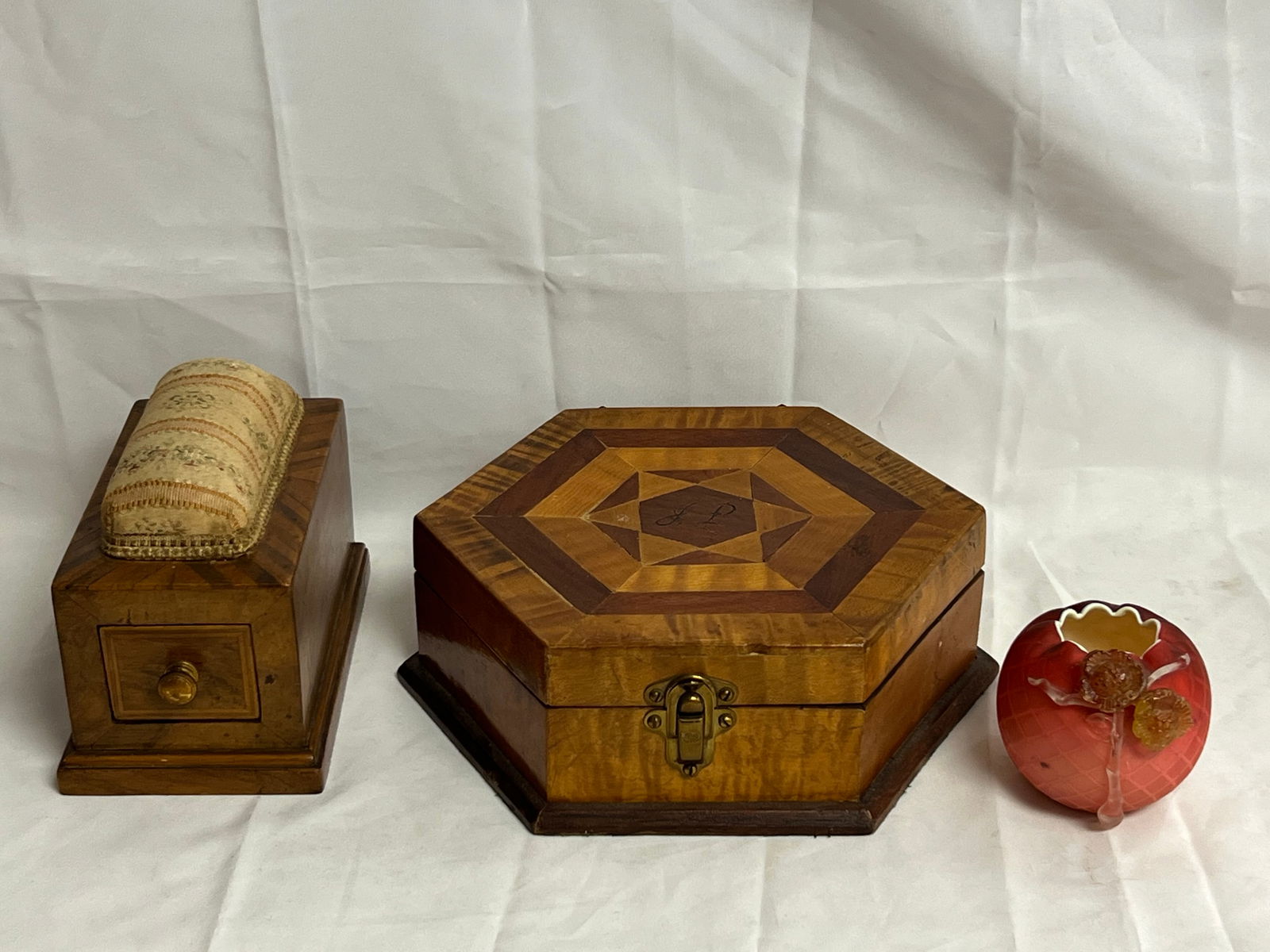 Inlay Wood Box, Sewing Pin Cushion, Vase Art Glass- Satin Glass Vase, Inlaid Box 8.5'' x 9.75'' x (1 of 8)