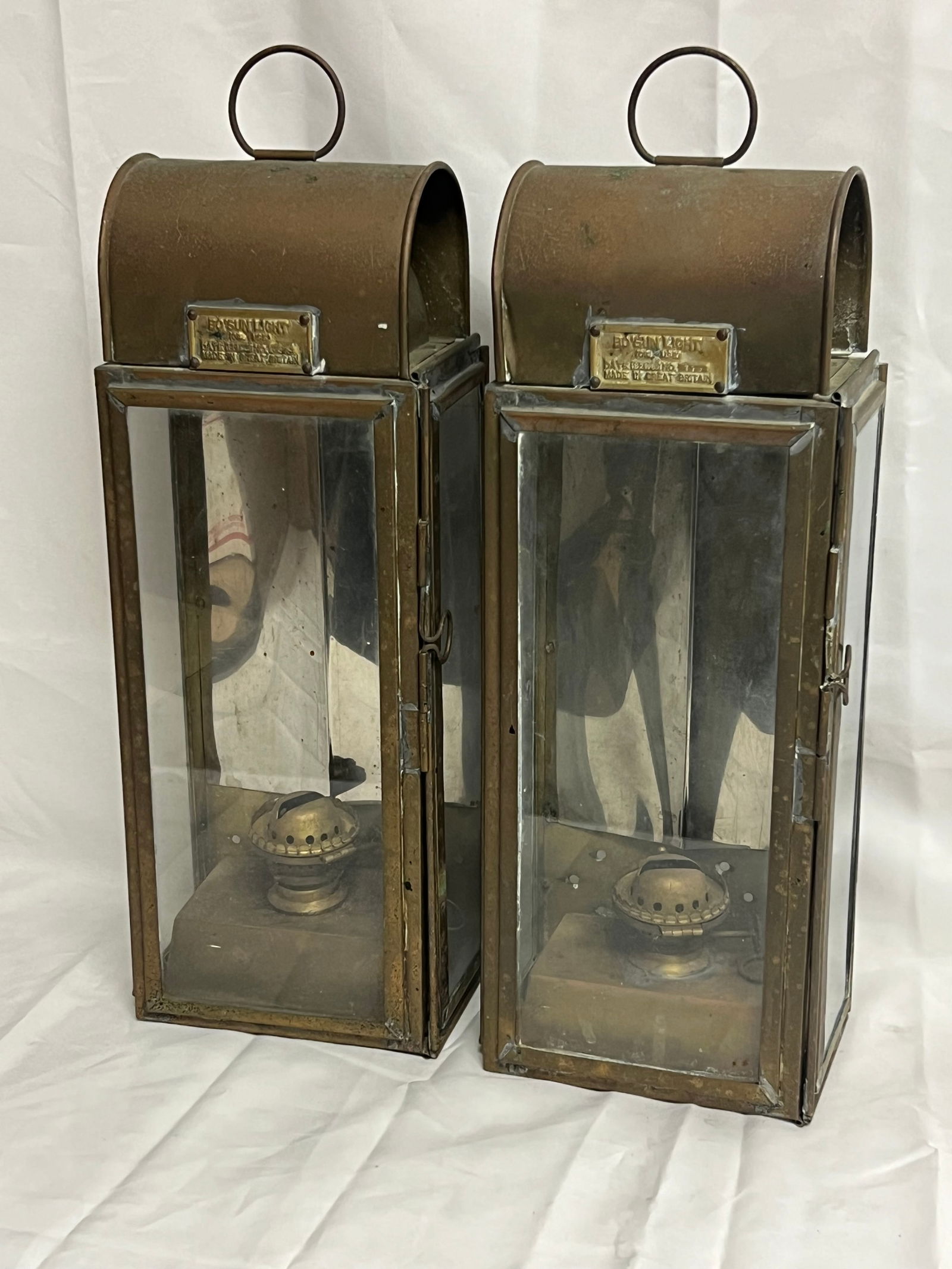 Pr Bosun English Nautical Brass Oil Lights - Both w/ Plaques - 6.5'' x 4.5'' x 17'' From Capitola (1 of 9)
