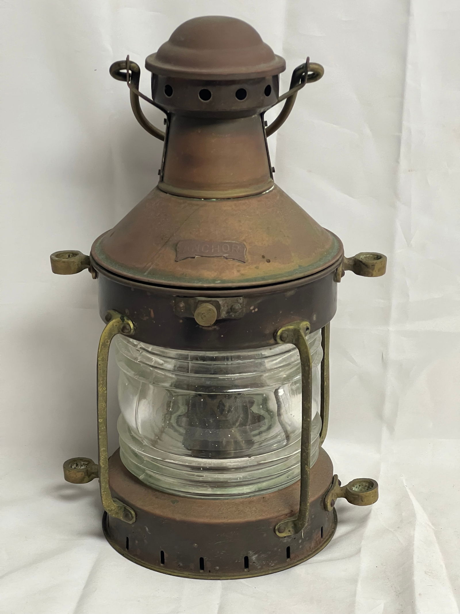 Vtg Anchor Copper Brass Ship Lantern - 14.5''T Ribbed Glass - Wall Mount or Hanging - From Capitola (1 of 6)
