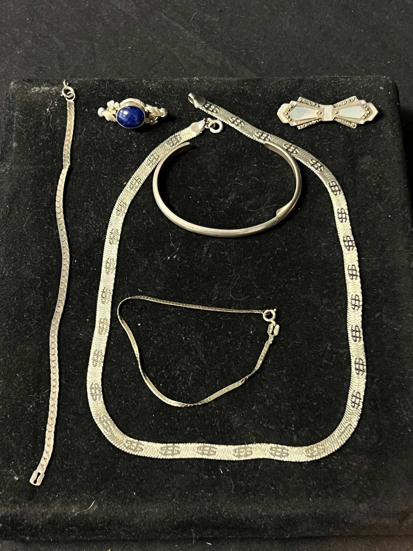 Asst Sterling Silver Jewelry, Necklace,More - Sterling Necklace w/ $$$ Symbols, (3) Bracelets,: Asst Sterling Silver Jewelry, Necklace,More - Sterling Necklace w/ $$$ Symbols, (3) Bracelets, (2)Pins MOP & Lapis