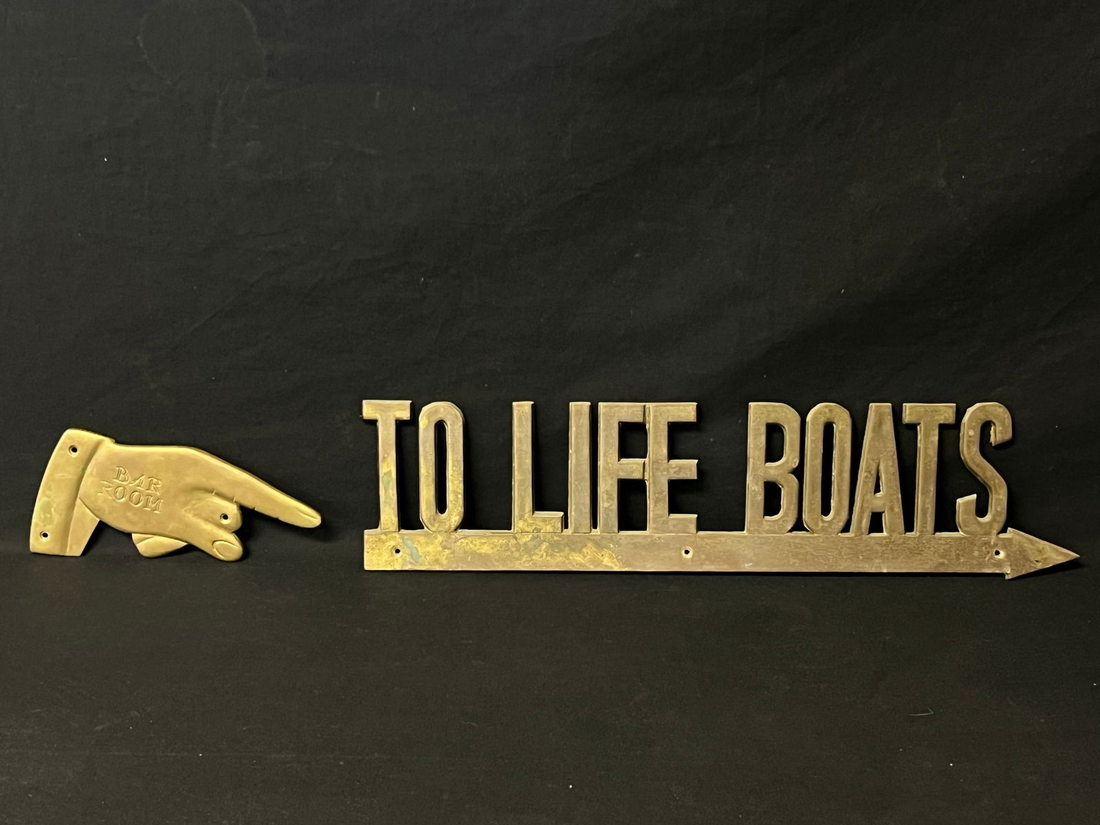(2)Brass Plaques - ''To Life Boats'' + ''Bar Room'' - Life Boats by Penco 5'' x 21'' - Both From (1 of 4)