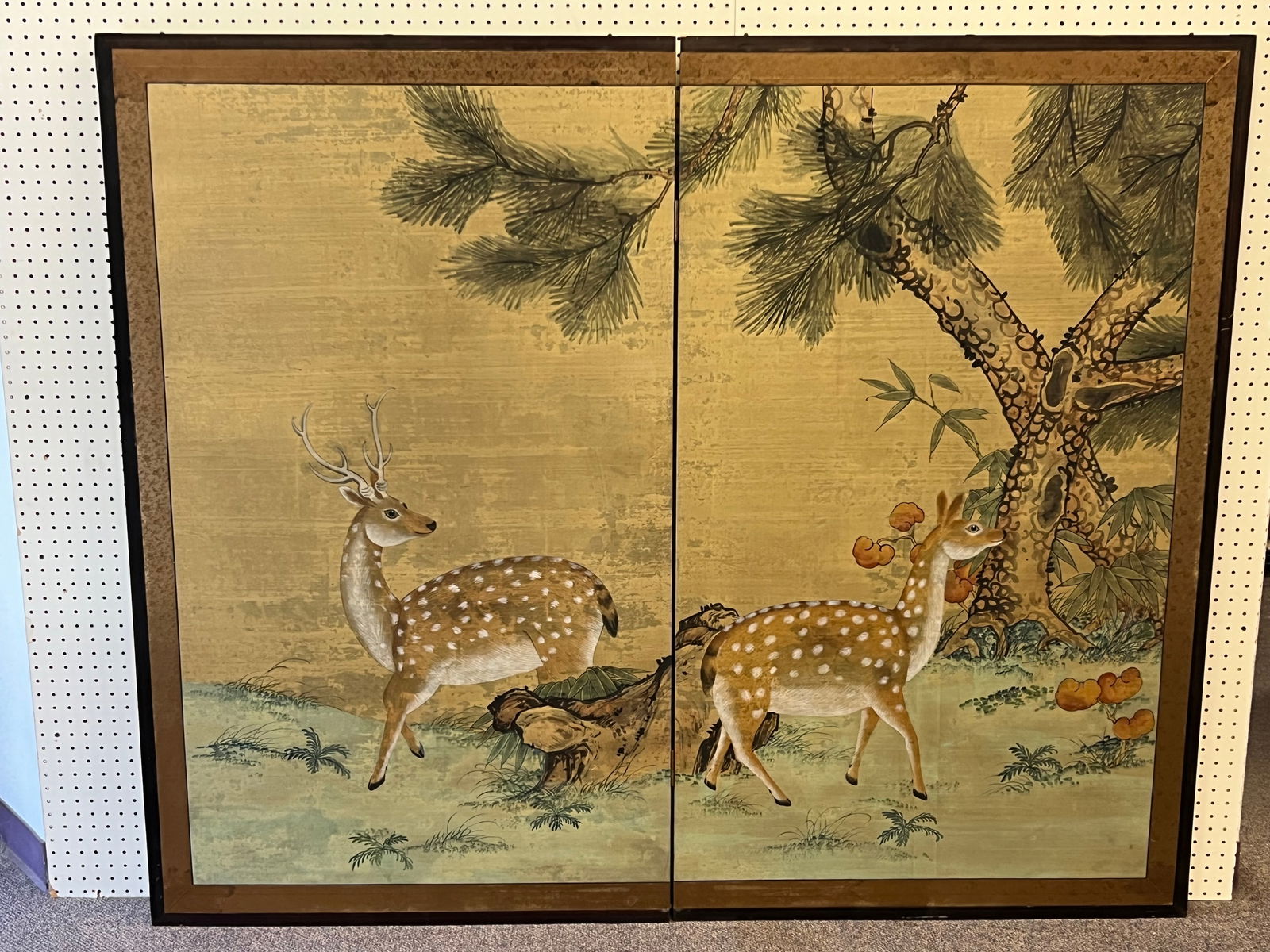 Handpainted Chinese 2 Panel Screen 60" x 72" - Handpainted Deer Motif - (1 of 4)