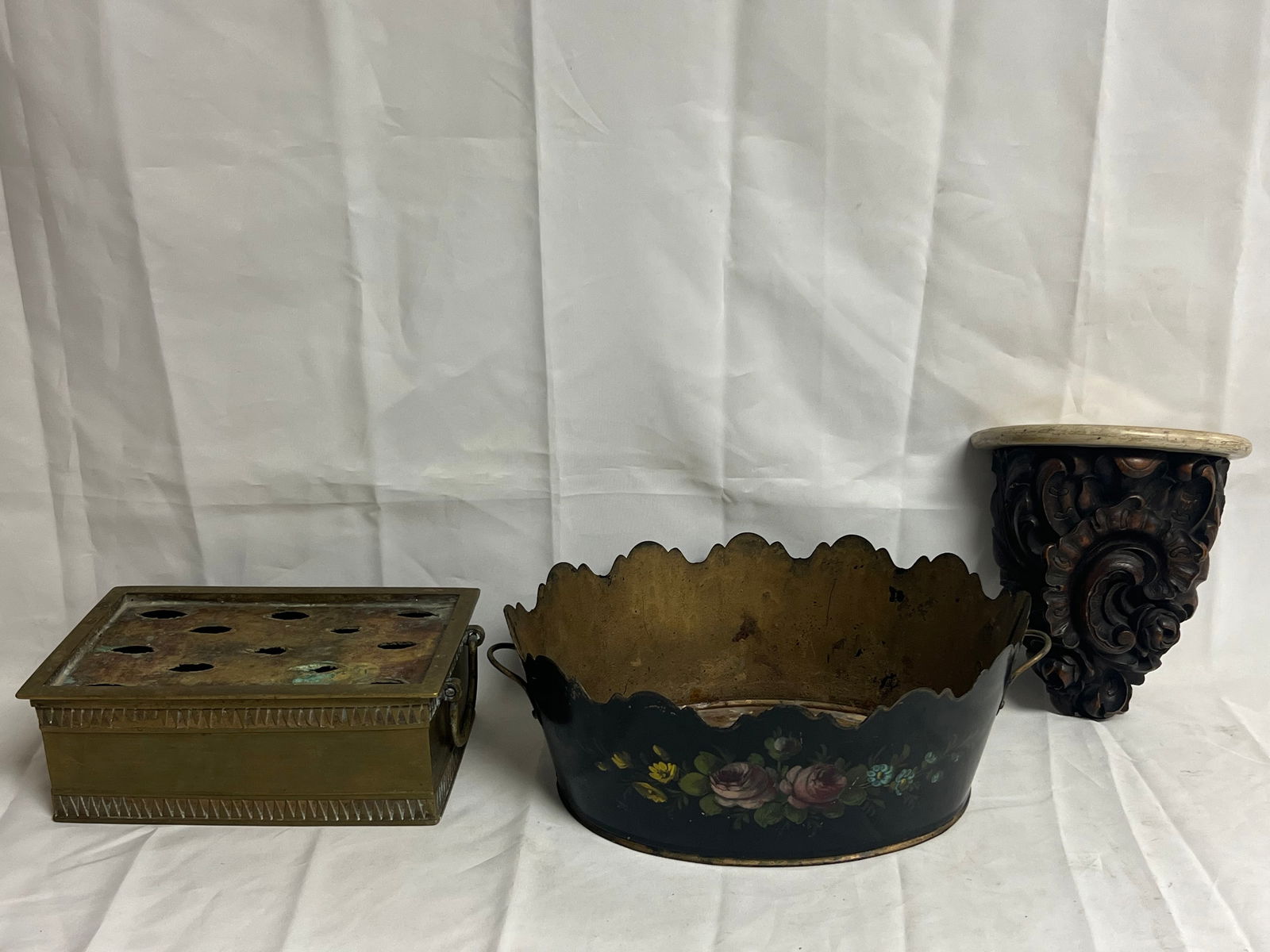 Atq Tole Painted Planter, Sconce,Brass Item - Carved Wood Stone Base Sconce 6.25'' x 4'' x 7'' , (1 of 5)