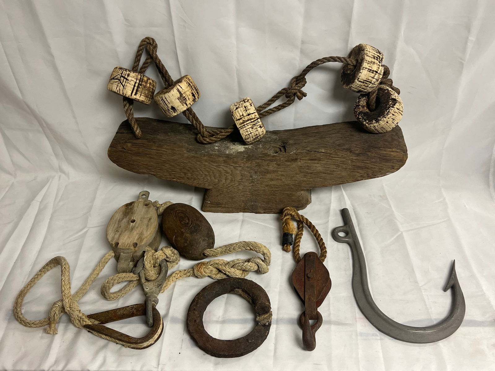 Nautical Lot- Atq Wood Cleat, Pully,Hook,More - Pulley w/ Buoy & Rope, Wooden Cleat 24'' x 15'' x (1 of 7)