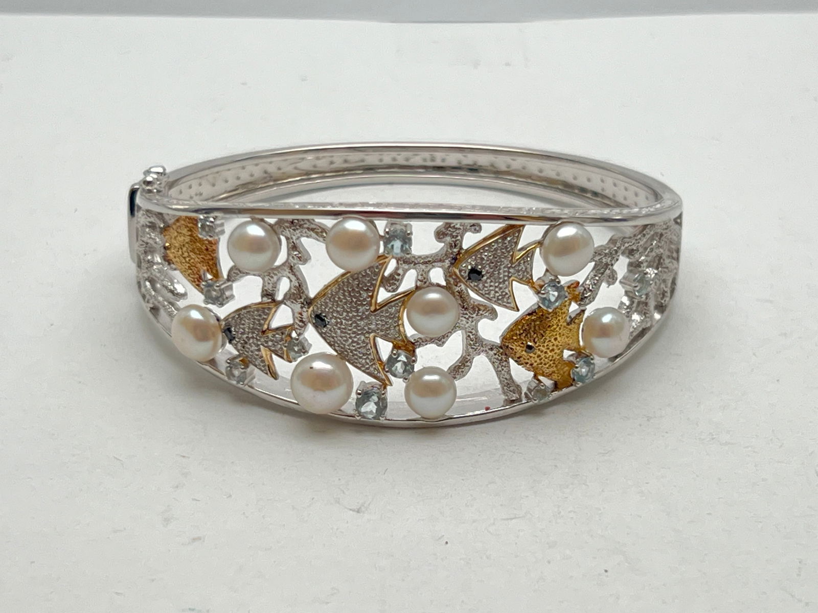 Sterling 18K Gold Fish Bracelet w/ Diamonds - Ross Simons Hinged Bracelet w/ Pearls Topaz Diamond (1 of 6)