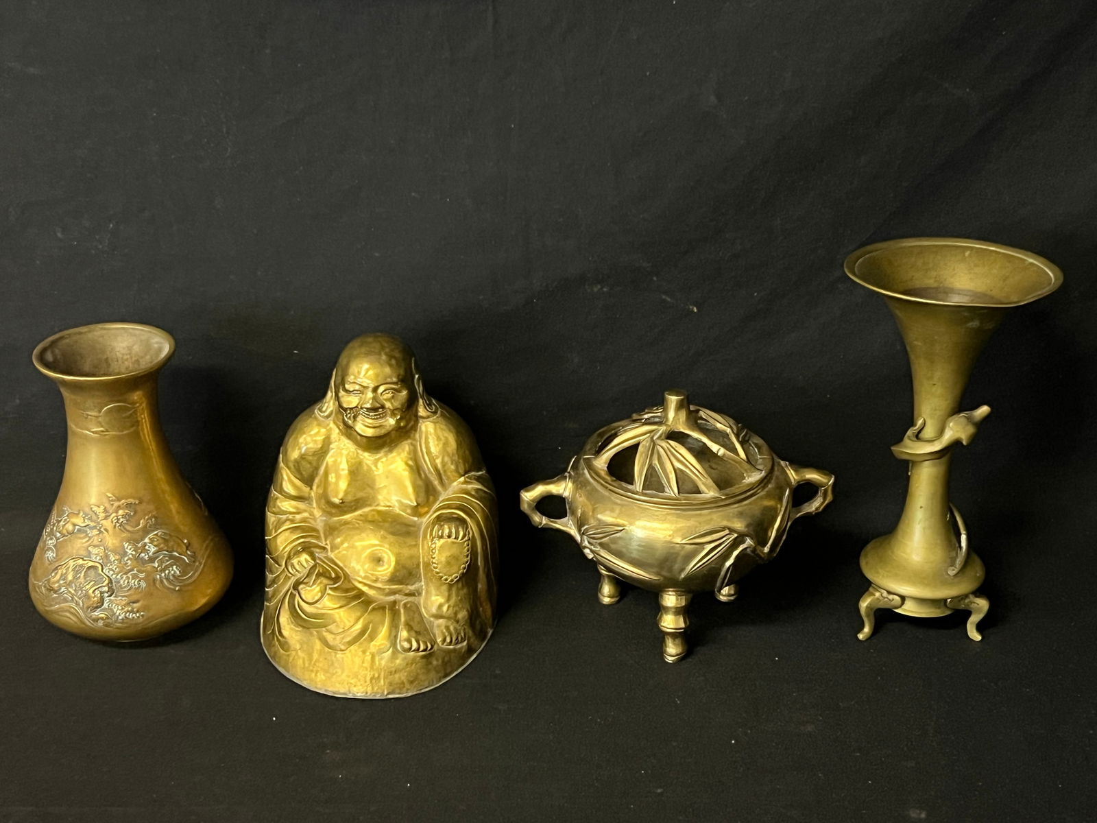 (3)Asian Brass Vases, Brass Buddha - Lizard / Dragon Vase 9.25''T, Bamboo Stem Vase w/ Lid 8'' x (1 of 9)