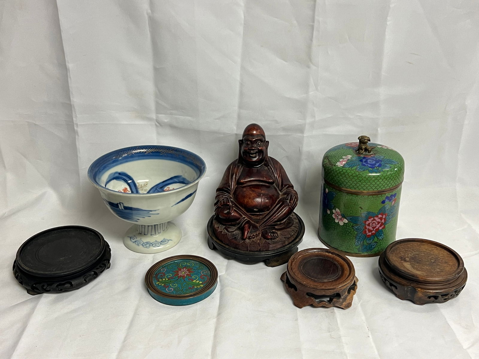 Lot Asian Cloisonne, Carved Buddha, Fish Dish,More- Enamel Coasters, Cloisonne Lidded Can w/ Foo Dog (1 of 16)