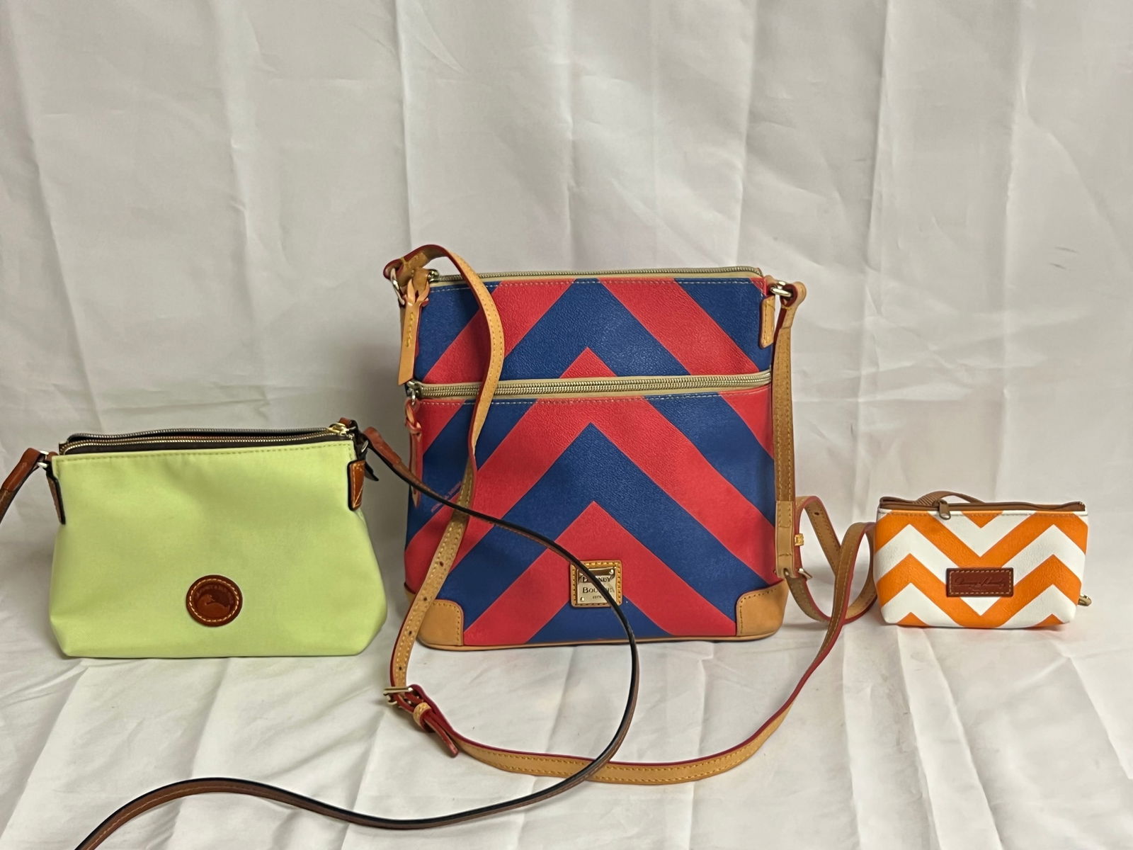 (2)Dooney Bourke Handbags + Coin Purse - Red Blue Chevron Stripe Shoulder Bag, Lime Green Mini Purse (1 of 5)