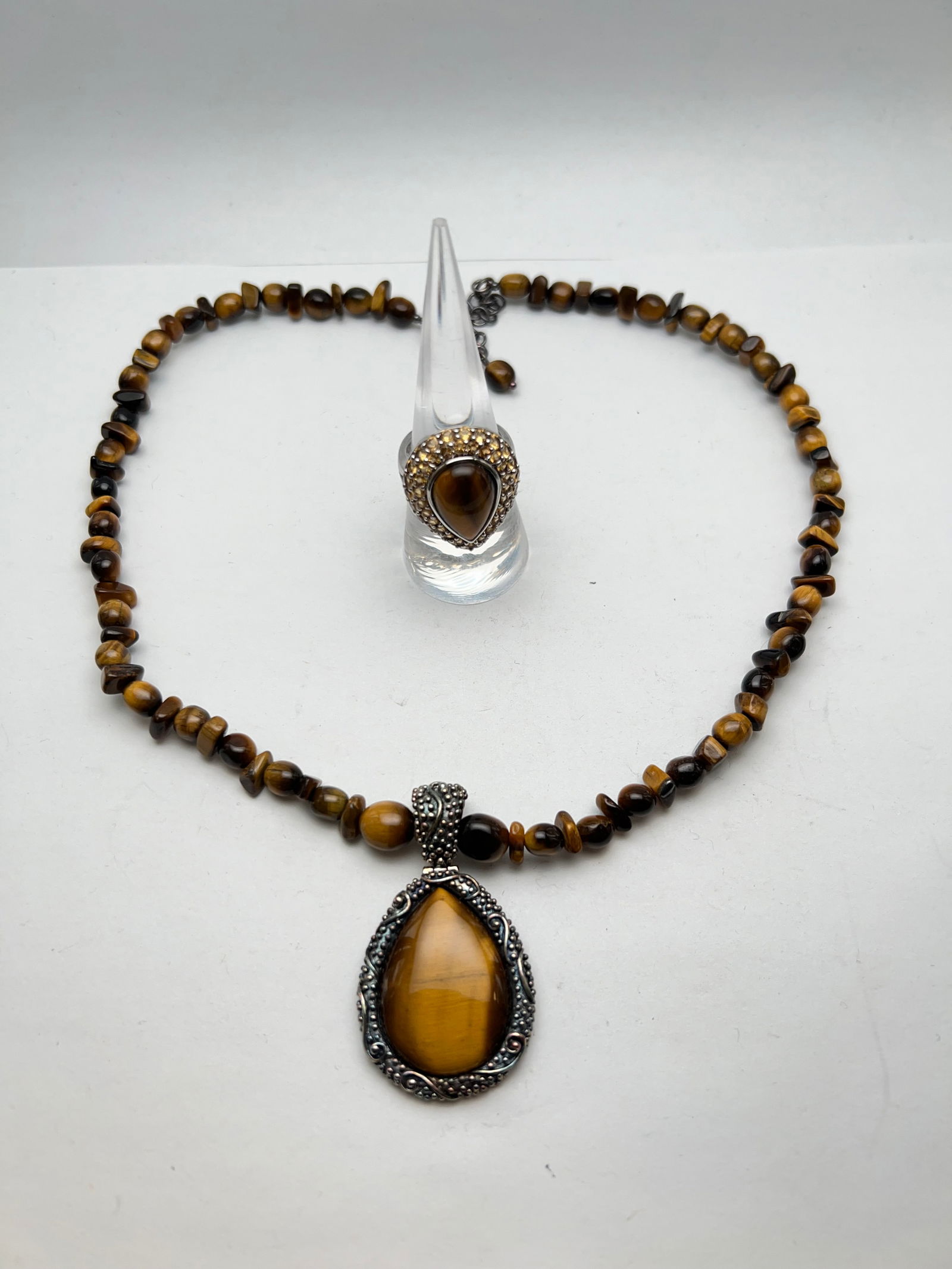 Sterling Tigers Eye Necklace + Ring w/ Citrine - 20''L Necklace w/ Adjustable Clasp , Ring Sz 7 w/ (1 of 6)