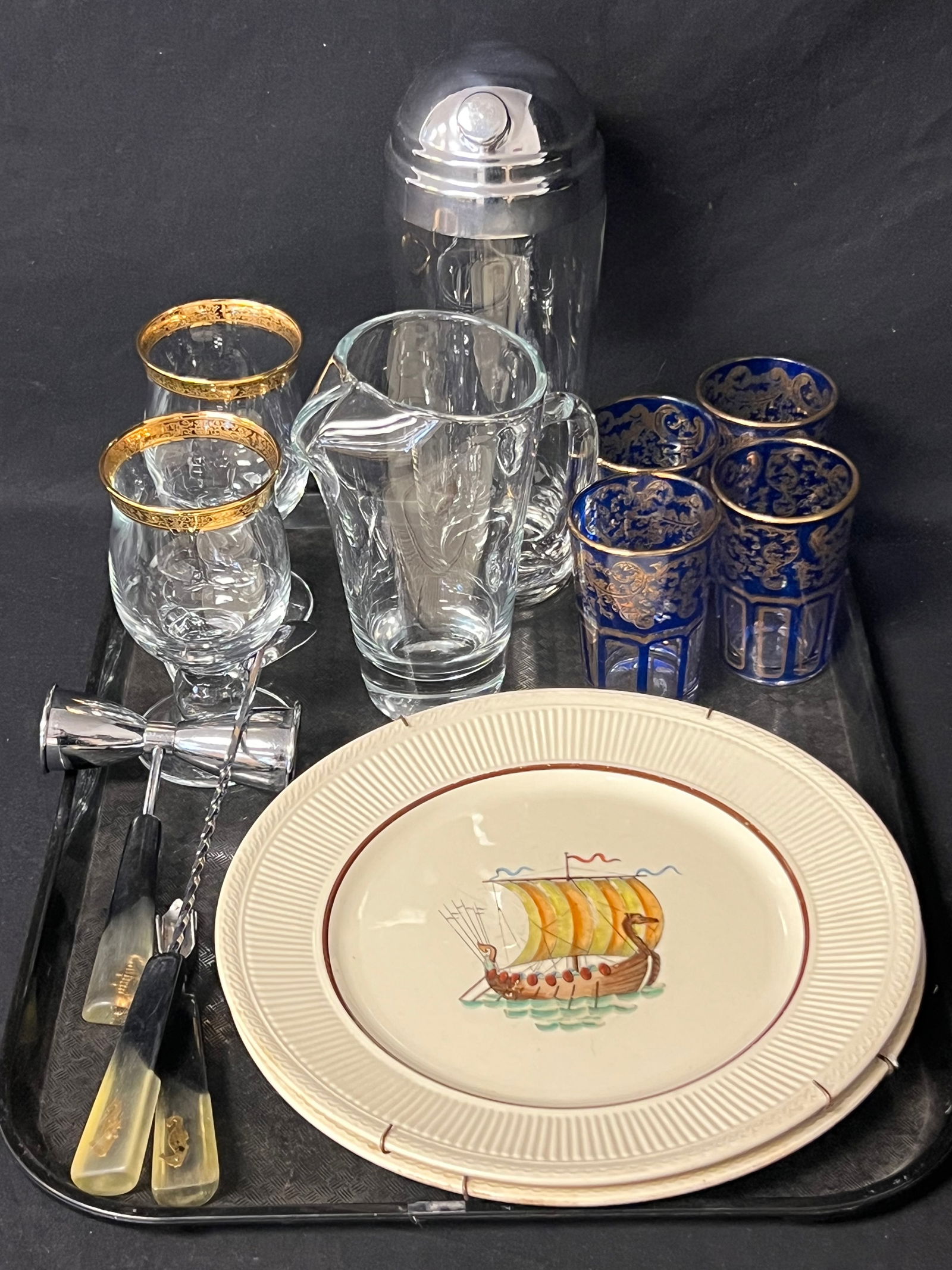 Barware, Ship Plates, Seahorse Bar Tools, 24K Glasses - 24K Gold Rim Drinking Glasses, Cocktail: Barware, Ship Plates, Seahorse Bar Tools, 24K Glasses - 24K Gold Rim Drinking Glasses, Cocktail Shaker, Pitcher, (4)Blue to Clear Drinking Glasses + More