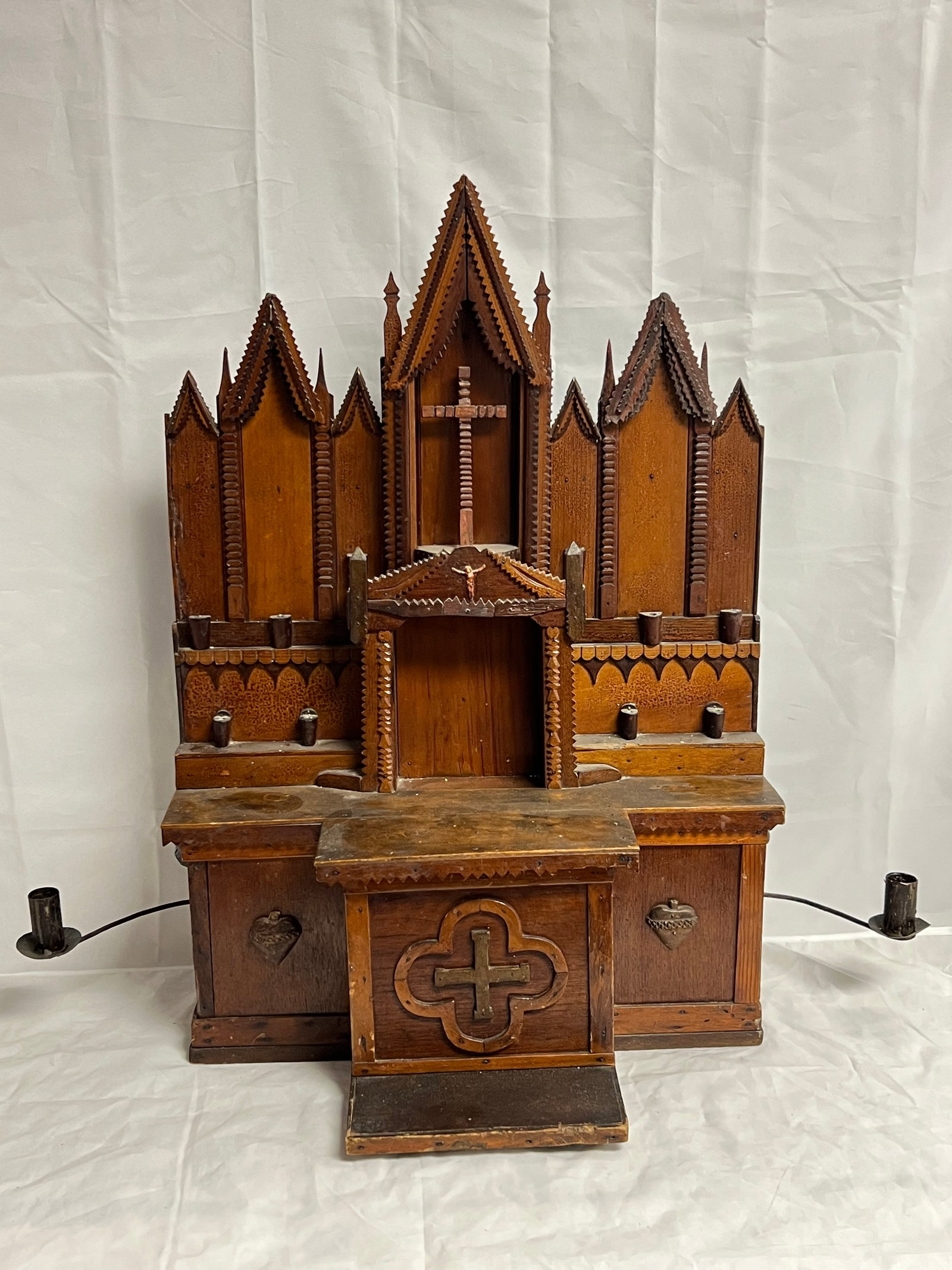 Antique Tramp Folk Art Altar - Back Opens w/ (2)Metal Candle Holders - 19'' x 11'' x 27'' (Pick Up (1 of 6)