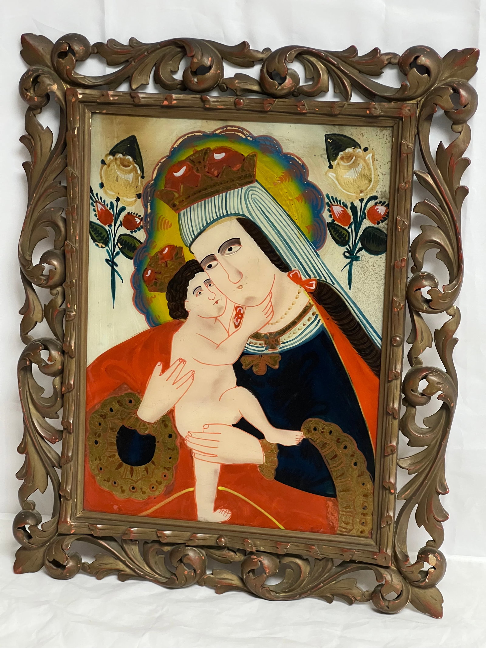 Atq Austrian Reversed Painted Madonna & Child - Carved Wooden Frame 16.5'' x 20'' (1 of 4)