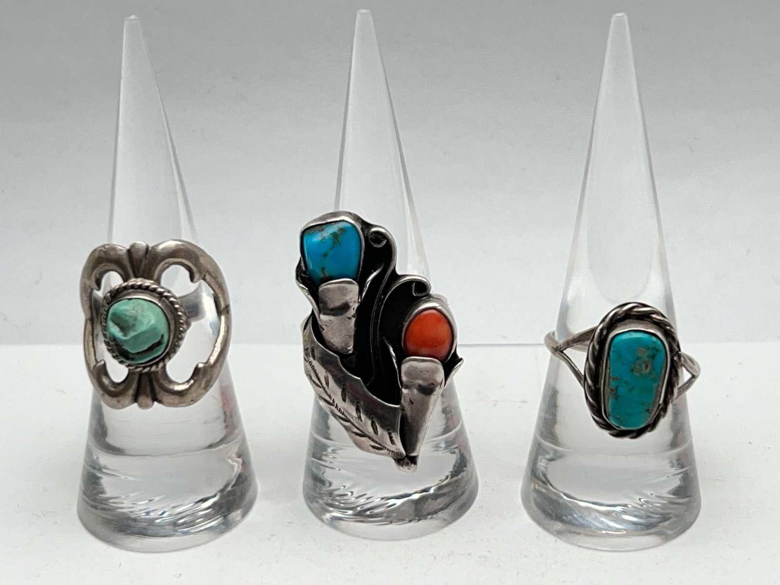 (3)Vtg Sterling Native American Turquoise Rings - (1)Coral w/ Turquoise Sz 8, (1)Cut Out Turquoise (1 of 3)
