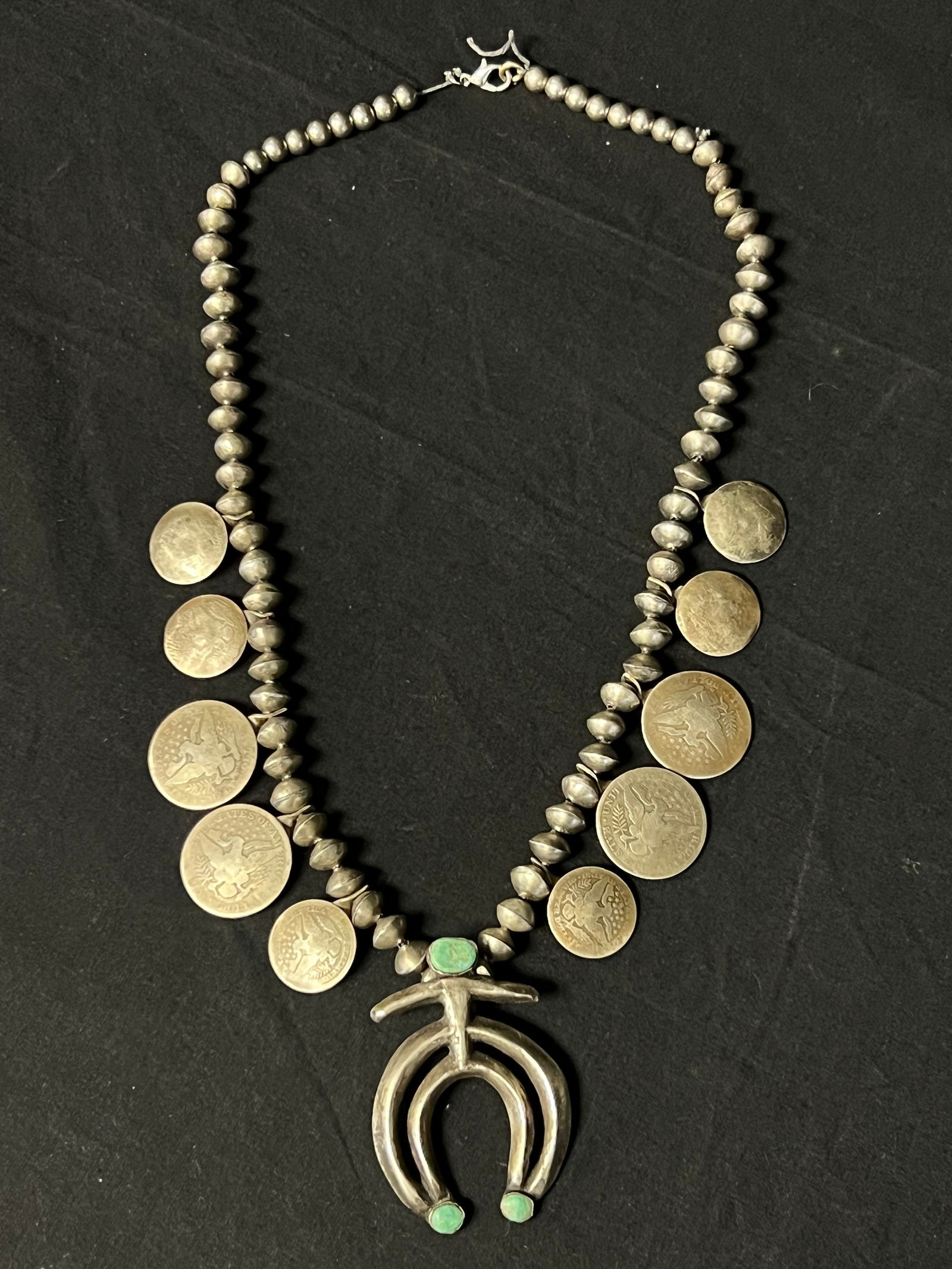 Old Pawn Silver Navajo First Man Coin Necklace - Squash Blossom ''First Man'' Turquoise Coin (1 of 6)