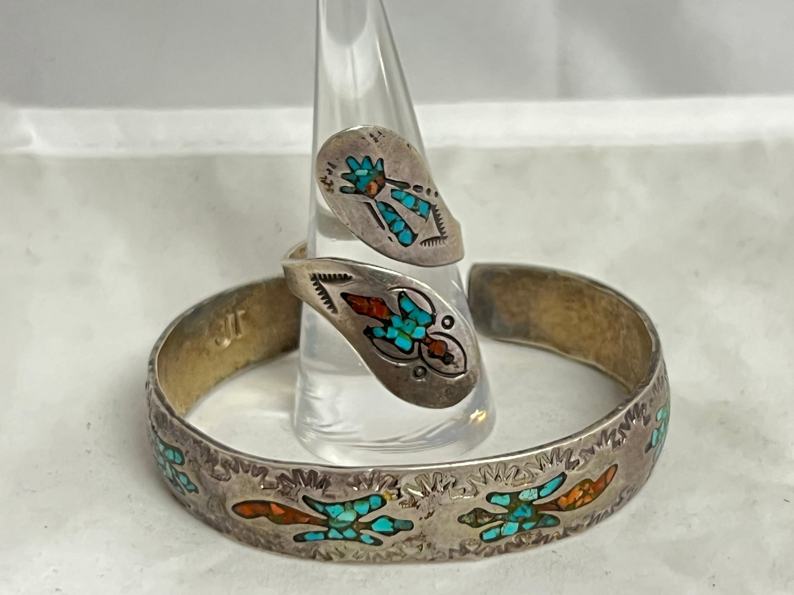 Vtg Navajo Sterling Turquoise Coral Jewelry - Signed Johnson Tadacheeny Bracelet & Ring Sz 10- Both (1 of 8)