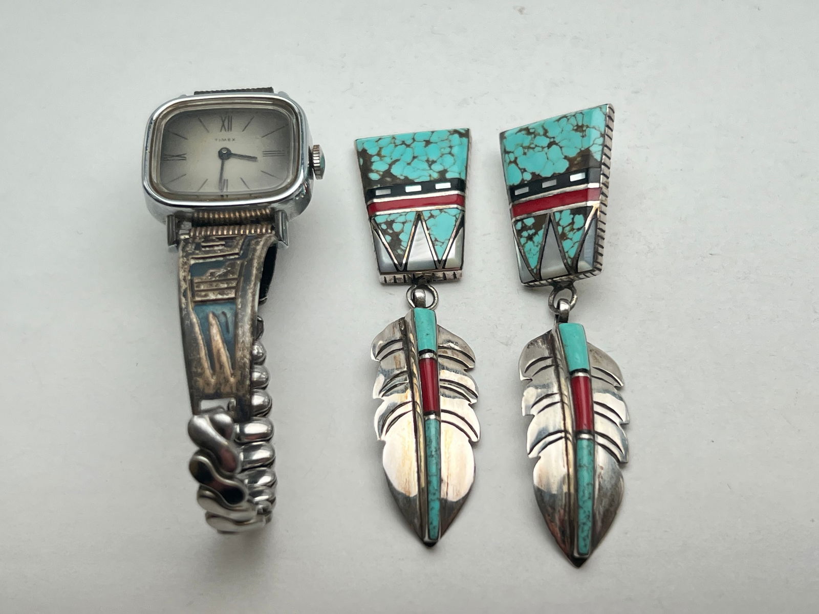 R.D. Sterling Earrings, Vtg Sterling Watch Band - (1)Earring Missing Post (See Photos for Condition) (1 of 6)