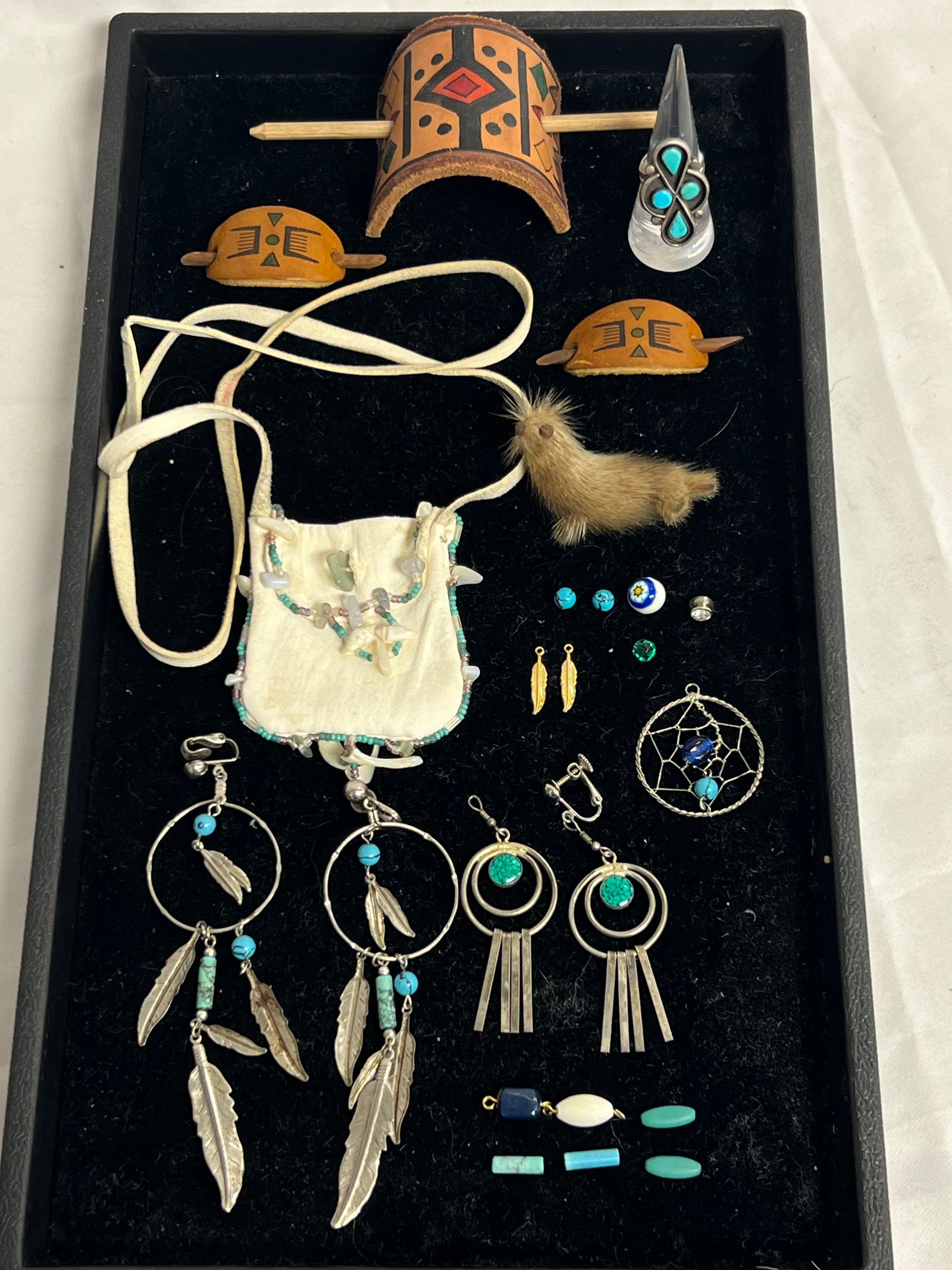 Asst Native American Pouch, Jewelry, More - Leather Pouch w/ Bead Work 2.5'' x 2.75'' , Sterling (1 of 10)