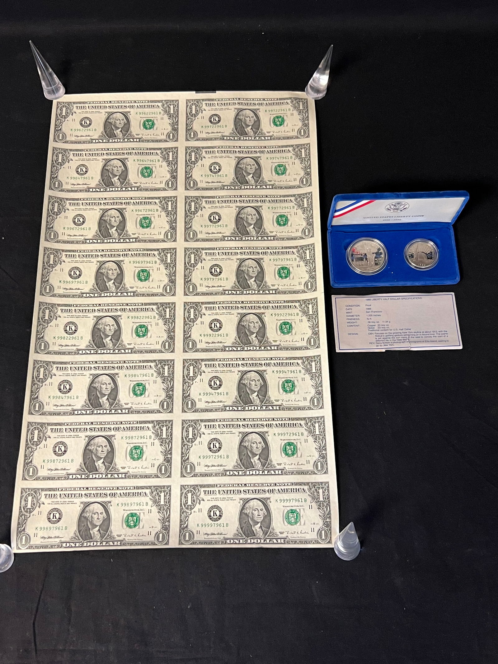 Liberty Coin Proof Set, Uncut Sheet 1$ Bills (16) - US Mint 1886-1986 Liberty Coins Ellis Island (1 of 9)