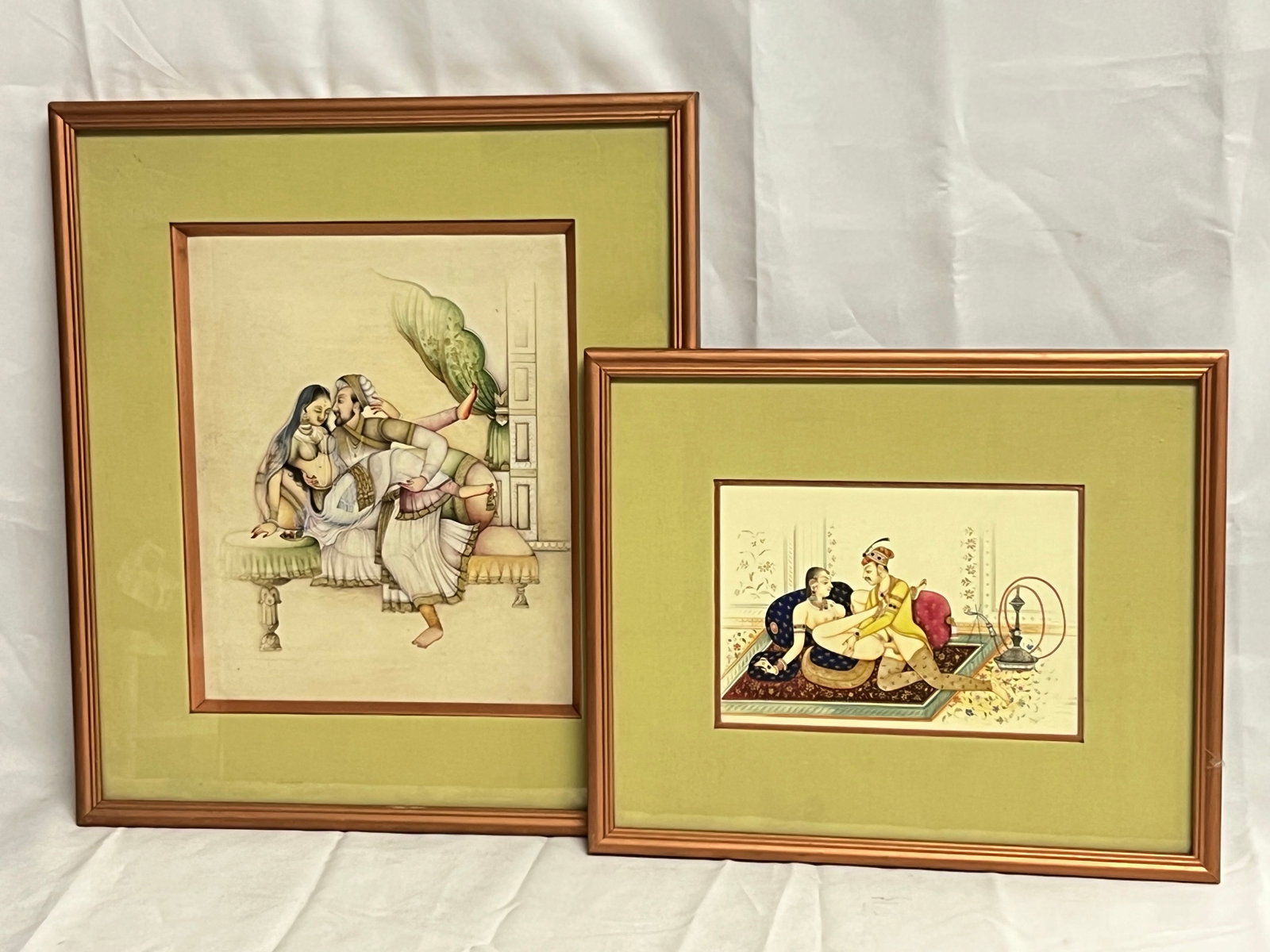(2)Mughal Erotica Mixed Media Art - Framed & Matted, 12'' x 9.75'' + 12.75'' x 14.5'': (2)Mughal Erotica Mixed Media Art - Framed & Matted, 12'' x 9.75'' + 12.75'' x 14.5''