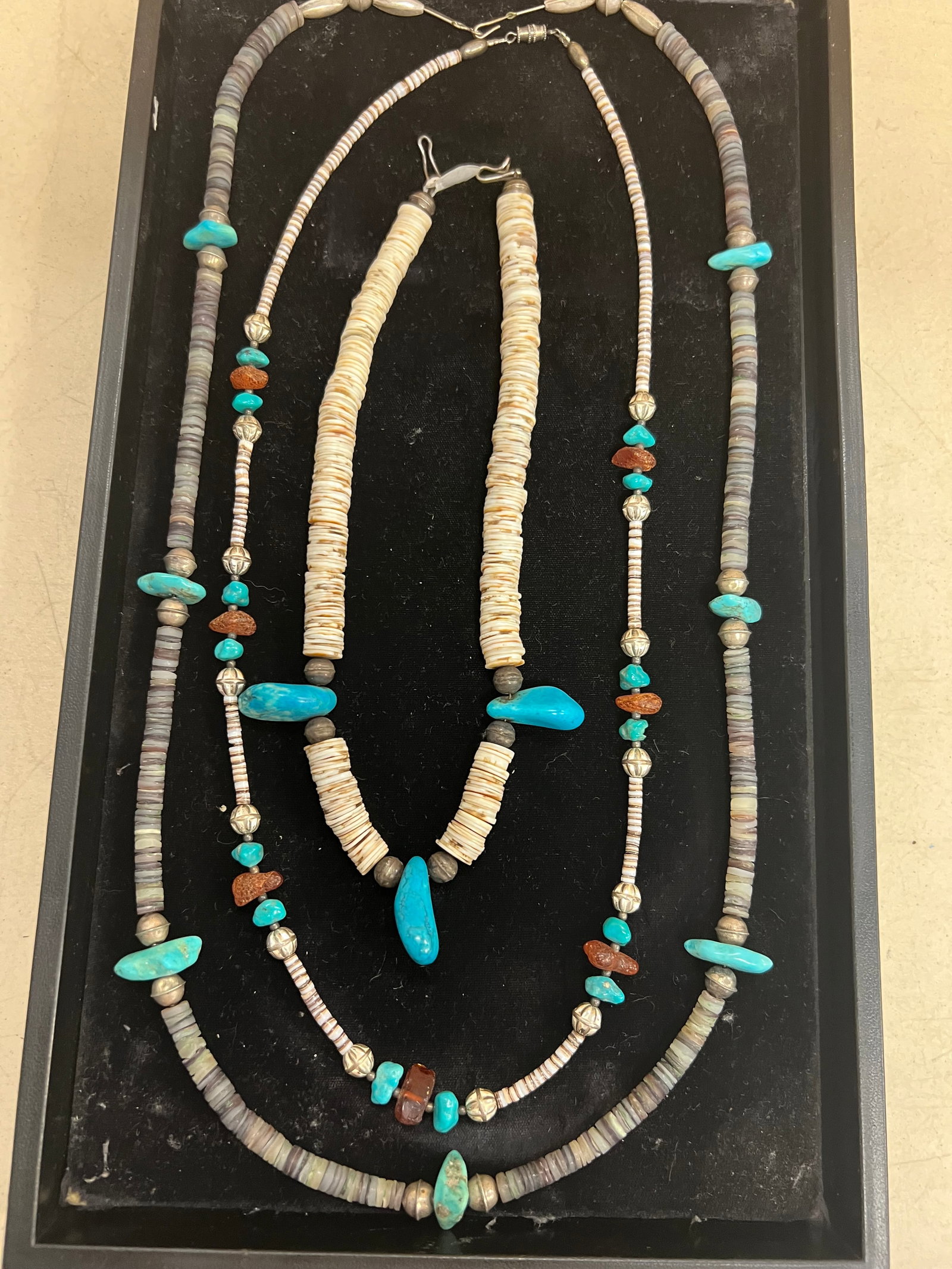 (3)Native American Heishy Turquoise Necklaces - (1)34''L , (1)28''L , (1)17''L: (3)Native American Heishy Turquoise Necklaces - (1)34''L , (1)28''L , (1)17''L