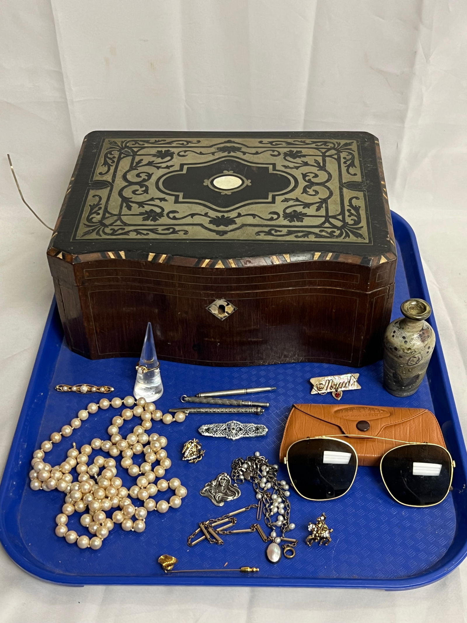 Atq Boulle Jewelry Box, Asst Jewelry, Eye Glasses - Some Sterling - Mechanical Pencils - Jewelry Box (1 of 9)
