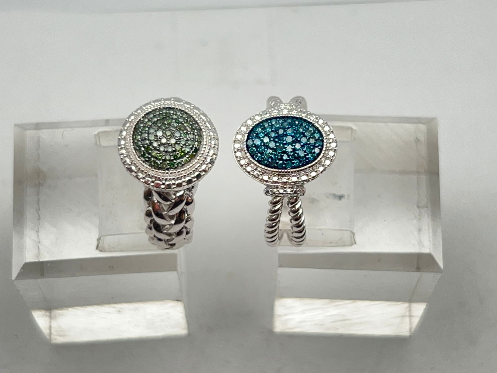 (2)Sterling Pave Blue & Green Diamond Rings, Sz 7 - Hallmarked Joseph Schmid , QVC w/ Receipts , (1 of 7)