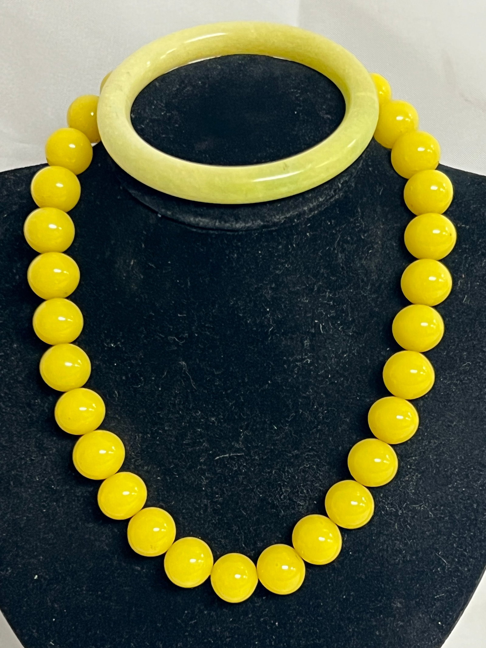 Yellow Peking Glass Necklace 17''L, Stone Bangle -: Yellow Peking Glass Necklace 17''L, Stone Bangle -