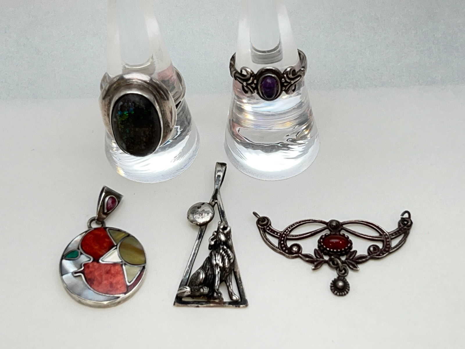 Vintage Sterling Silver Jewelry, Rings,Pendants - Nouveau Style Pin / Brooch,  Sz 9 Opalescent Ring, (1 of 4)