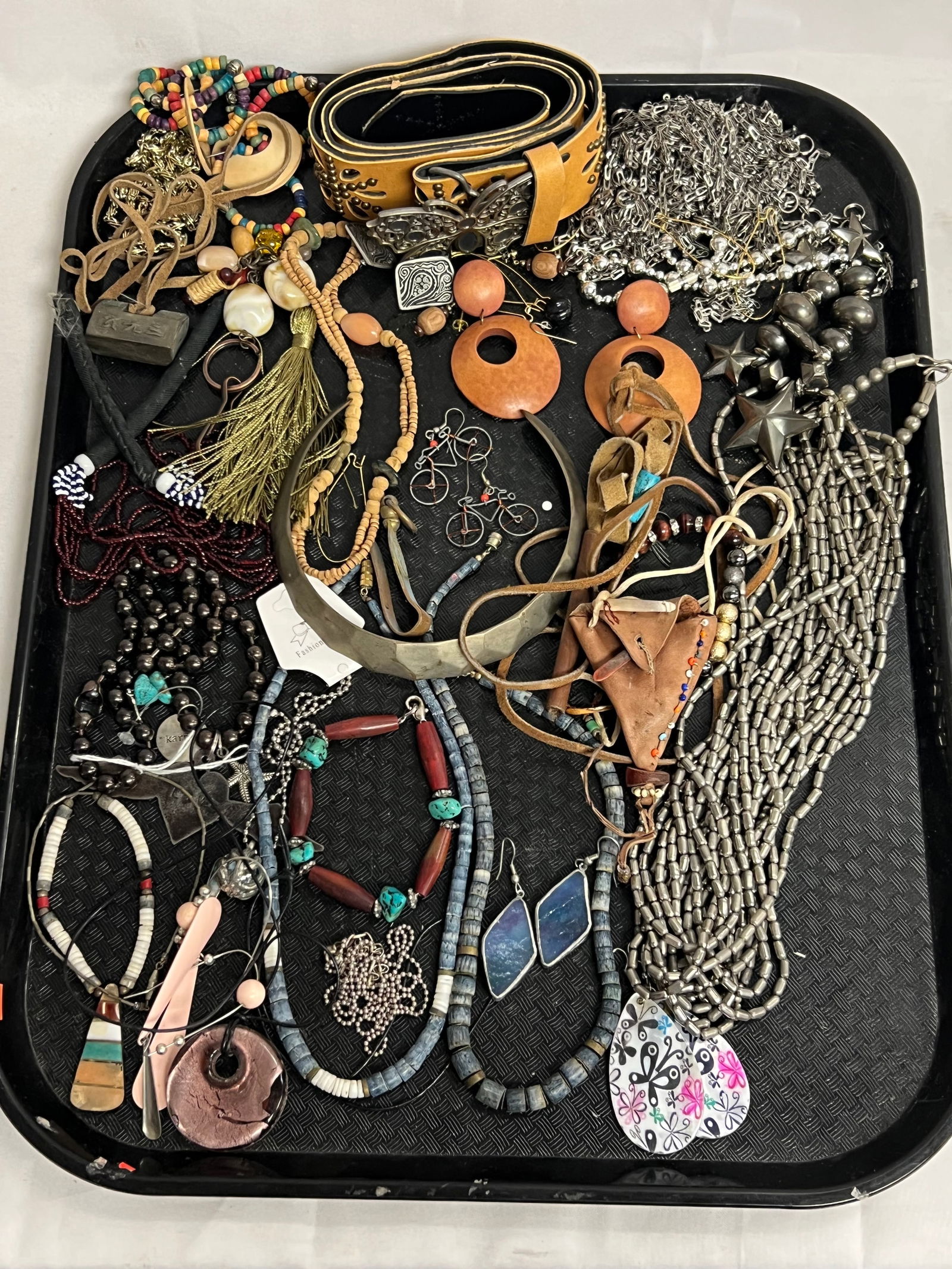 Lot Vtg Costume Jewelry, Pouch + More - Stone Necklaces, Leather Beaded Pouch, Earrings + More (1 of 5)