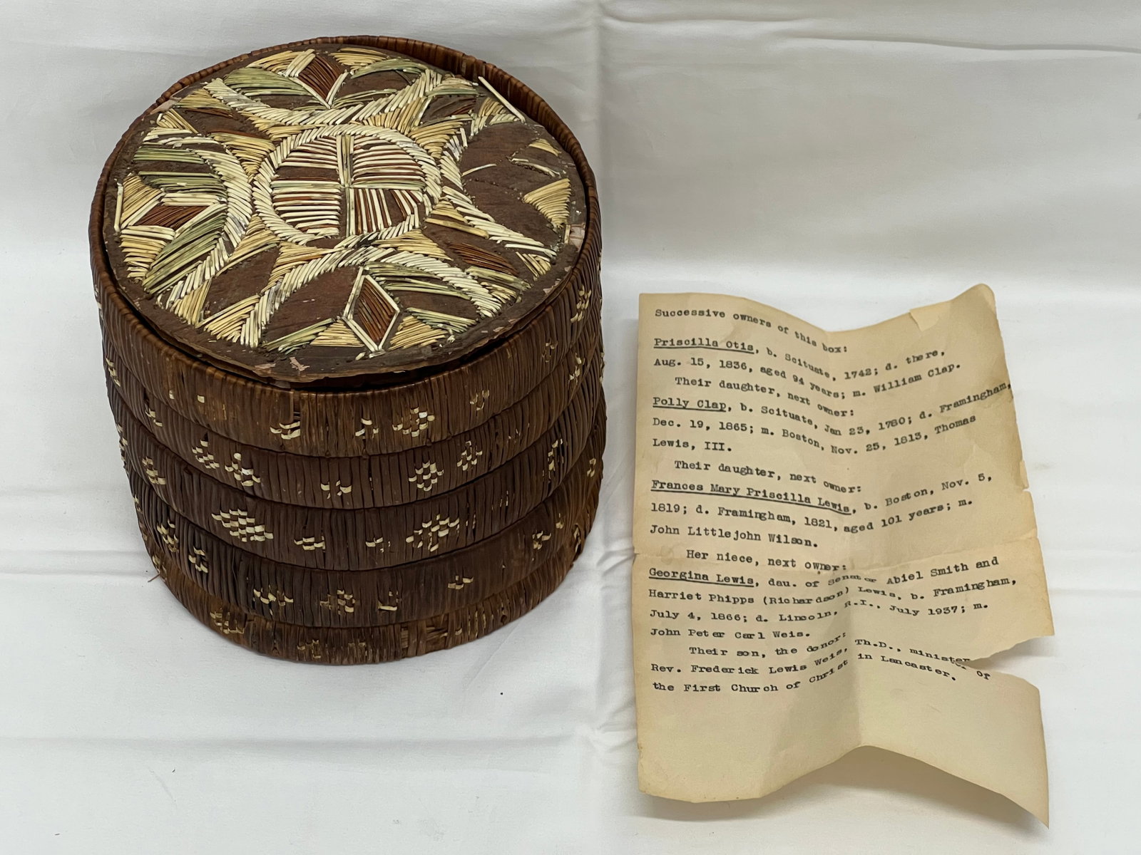 Atq Canadian Indian Quill Basket w/ Paper 6.25'' x 5.5'': Atq Canadian Indian Quill Basket w/ Paper 6.25'' x 5.5''