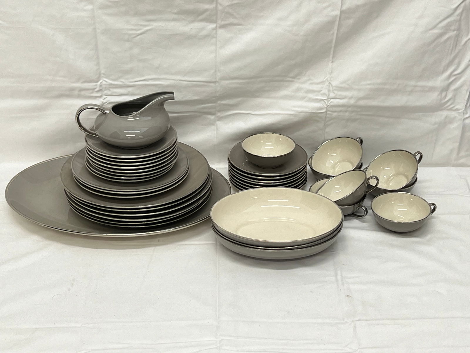 37pcs Franciscan China Dishes, Grey w/ Silver Rim - Serving Bowls, Platter, Gravy, Plates & Cups (1 of 6)