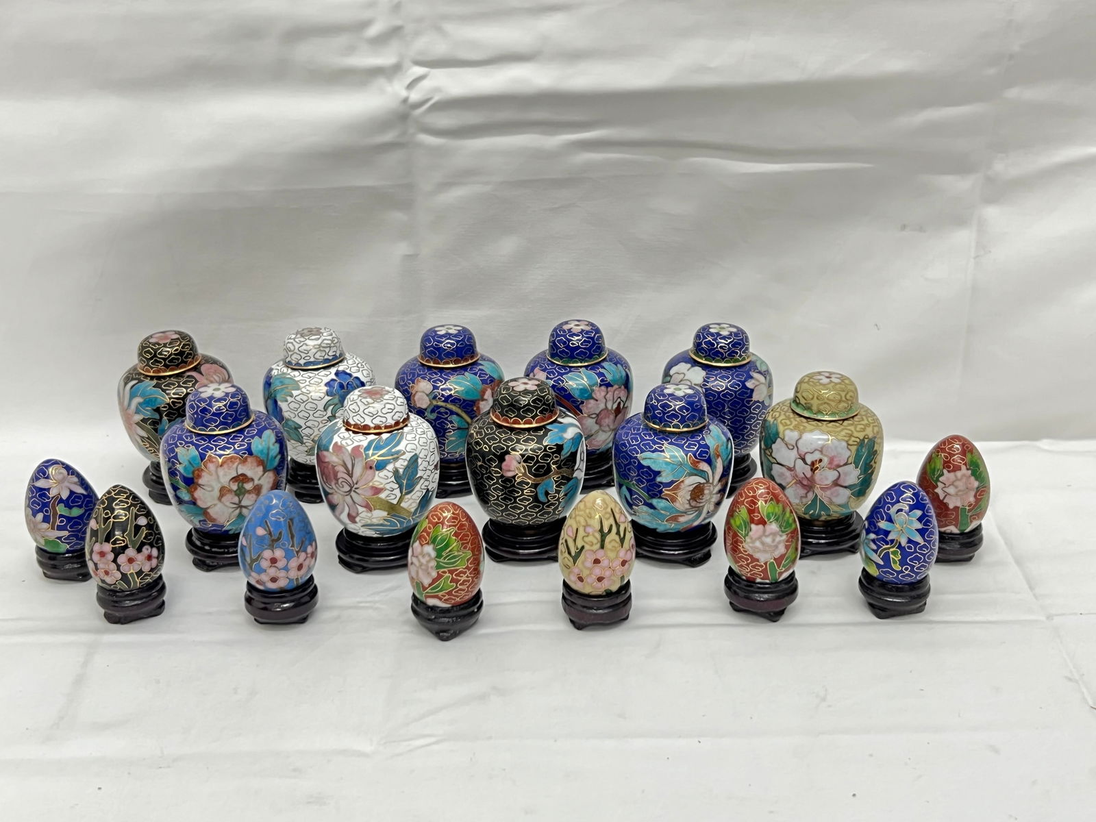 (18)Miniature Cloisonne Jars & Eggs w/ Stands  - Original Box (1 of 4)