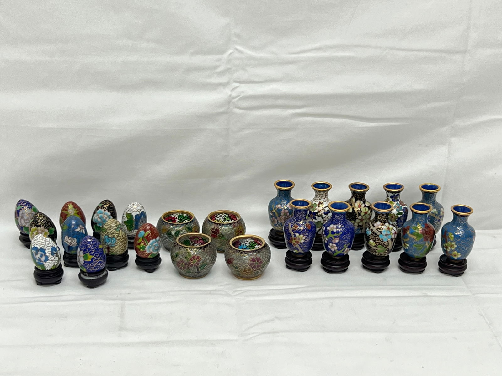 (24)Miniature Chinese Cloisonne Vases,Eggs,Enamel - (4)Enameled Glass Bowls 1''T, (10)Vases 2''T w/ (1 of 7)