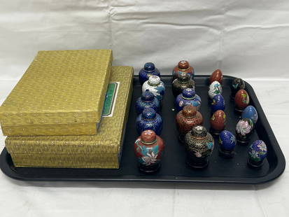 (20)Miniature Chinese Cloisonne Eggs , Urns - All w/ Wooden Stands , Urns 2''T , Eggs 1.25''T: (20)Miniature Chinese Cloisonne Eggs , Urns - All w/ Wooden Stands , Urns 2''T , Eggs 1.25''T