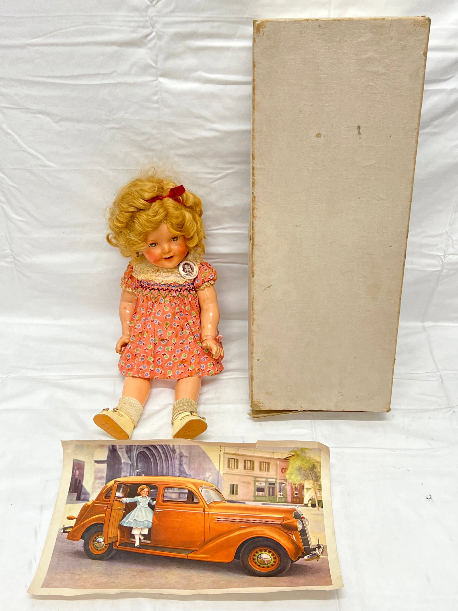 1930s Ideal Shirley Temple Composition Doll 18''T - Original Outfit + Button, Print (1 of 8)