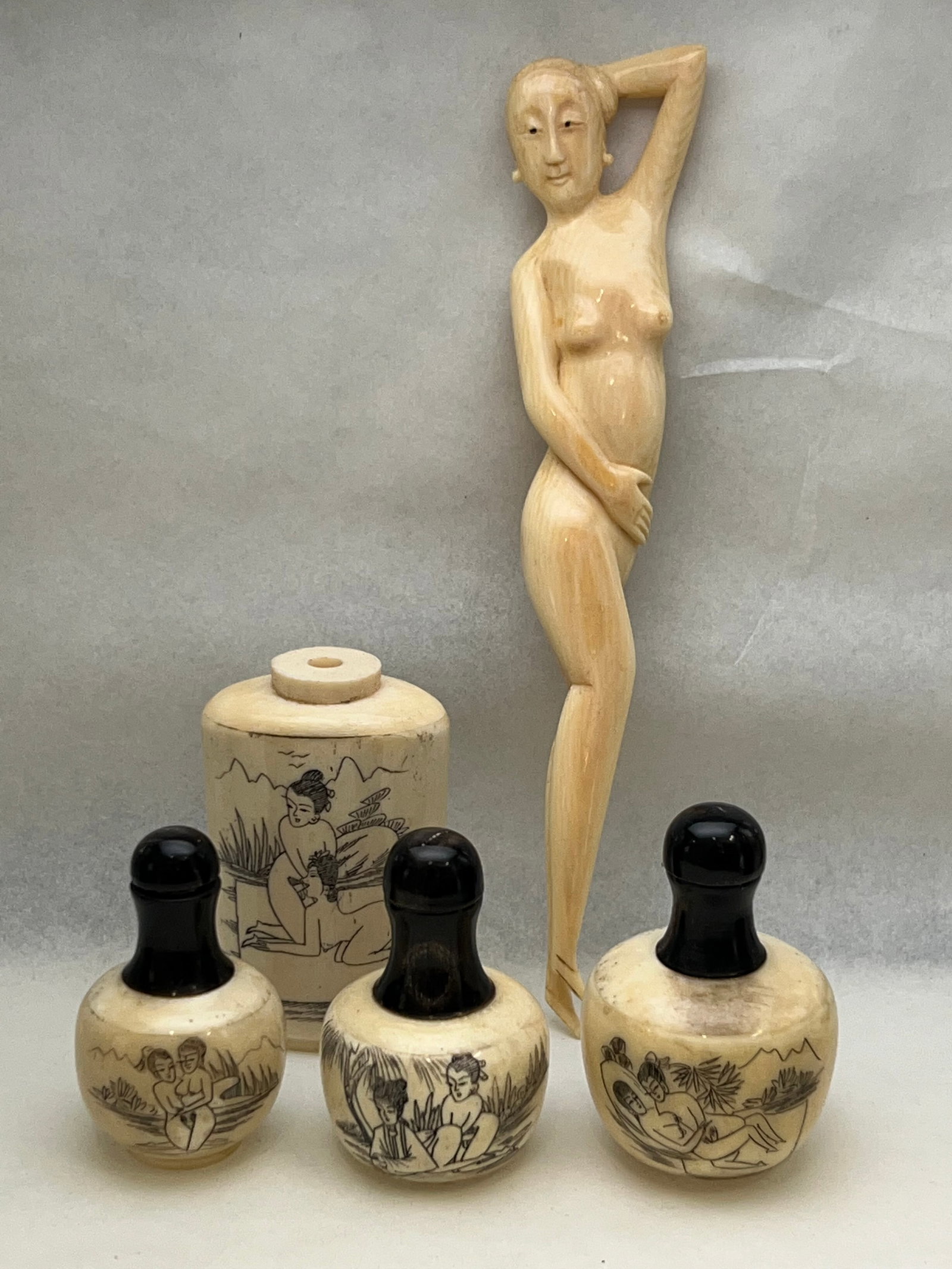 Chinese Erotica Snuff Bottles, Carved Nude - (4)Snuff Bottles - (1)No Lid , Carved 7'' Figure: Chinese Erotica Snuff Bottles, Carved Nude - (4)Snuff Bottles - (1)No Lid , Carved 7'' Figure