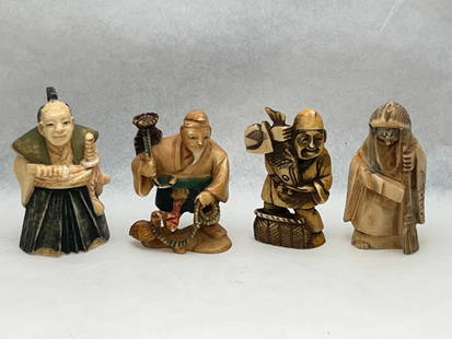 (4)Atq/ Vtg Japanese Carved Netsukes 2''T - Painted & Carved: (4)Atq/ Vtg Japanese Carved Netsukes 2''T - Painted & Carved