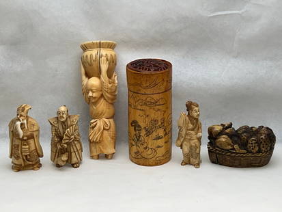 (6)Asian Carved Figures, Carved Dragon Top Box - Carved Top Box 3.25''T, 2''T Carved Figures, Figure: (6)Asian Carved Figures, Carved Dragon Top Box - Carved Top Box 3.25''T, 2''T Carved Figures, Figure Carrying Pot 4''T - (See Photos for Condition)