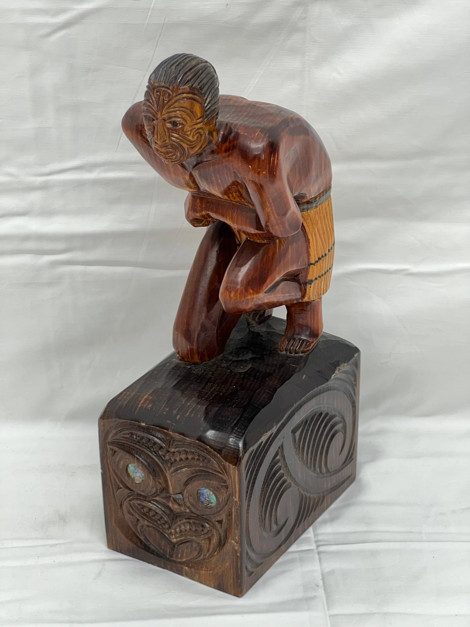 Tony Kapua ''Maori'' Carved Figure 5.5'' x 3.75'' x 11''T - Signed & Dated 1982 - Carved Eyes &: Tony Kapua ''Maori'' Carved Figure 5.5'' x 3.75'' x 11''T - Signed & Dated 1982 - Carved Eyes & Abalone Eyes on Base
