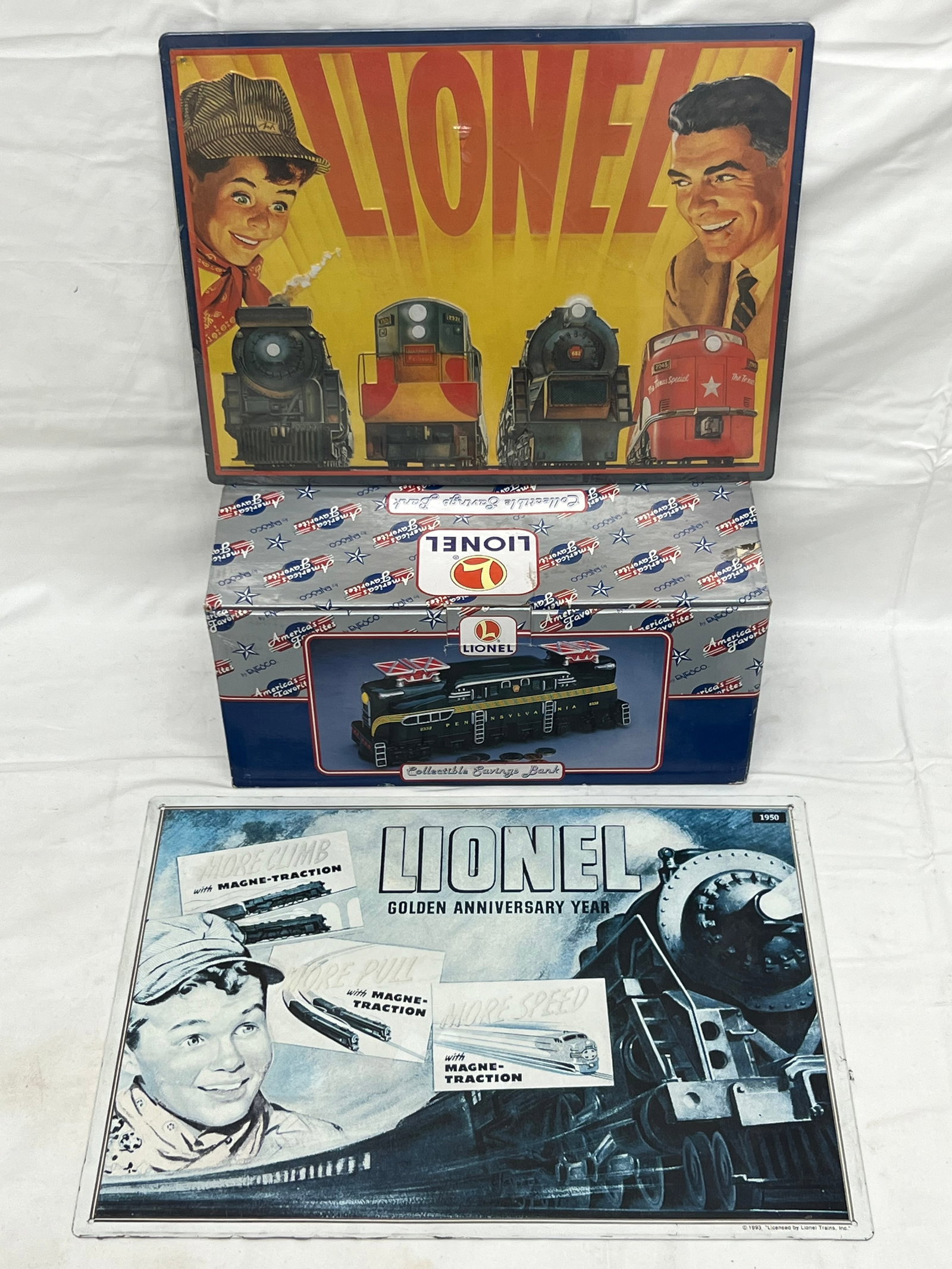 Lionel Train Bank + (2)Metal Signs - 16.5'' x 12'' , 14'' x 11'': Lionel Train Bank + (2)Metal Signs - 16.5'' x 12'' , 14'' x 11''