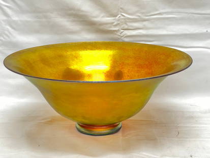 Steuben Gold Aurene Bowl w/ Sticker, 12.75'' x 5.5'' - Signed w/ Original Steuben Sticker ( See: Steuben Gold Aurene Bowl w/ Sticker, 12.75'' x 5.5'' - Signed w/ Original Steuben Sticker ( See Photos for Condition, Small Inspect)