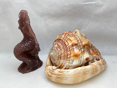 Carved Crystal Mermaid + Cameo/ Bullmouth Helmet Shell- Mermaid 4.75''T , Shell 5'' x 4'' x 3'': Carved Crystal Mermaid + Cameo/ Bullmouth Helmet Shell- Mermaid 4.75''T , Shell 5'' x 4'' x 3''