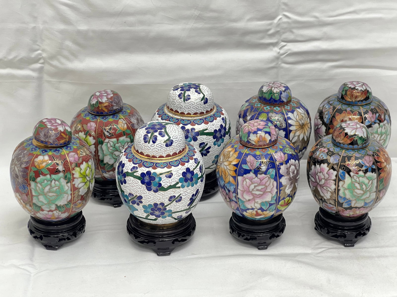 (8)Chinese Cloisonne Enamel Urns w/ Stands - 4''T w/ Original Boxes: (8)Chinese Cloisonne Enamel Urns w/ Stands - 4''T w/ Original Boxes
