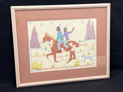 Original Harrison Begay Navajo Gouache(1917-2012) - American Indian Navajo Art ''Harrison Begay AKA: Original Harrison Begay Navajo Gouache(1917-2012) - American Indian Navajo Art ''Harrison Begay AKA Hagshke Yah Niya'' Titled 'Haskay Yahneyah' Signed - Framed 20.75'' x 25.5''