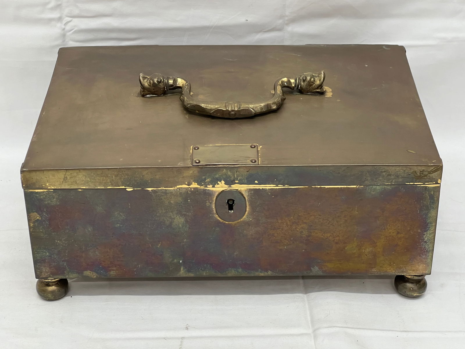 Antique Brass Footed Box w/ Dragon Handle - 13'' x 9.75'' x 5.5'' (No Key) (1 of 5)