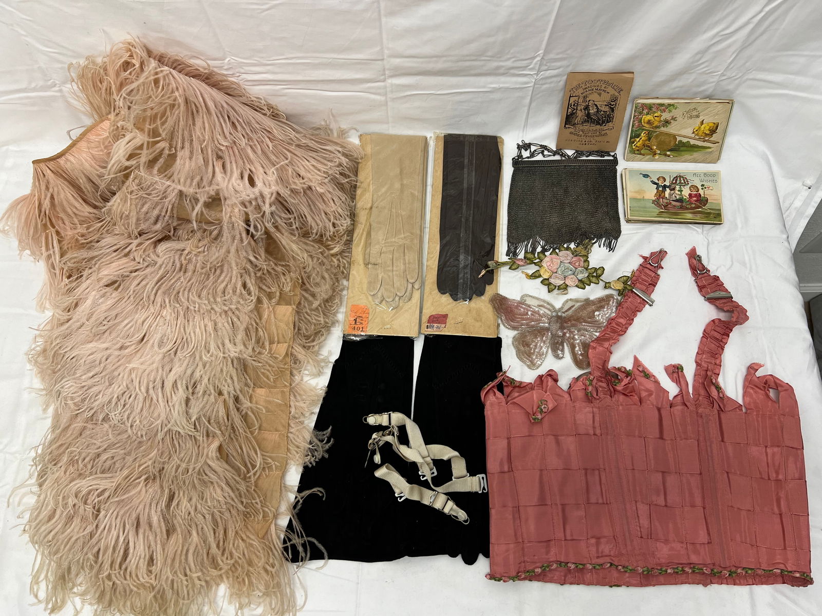 Vtg Feather Ostrich?? Shawl, Corset, Gloves,More - Full Length Suede Gloves, Vtg Atq Postcards, Pink (1 of 10)
