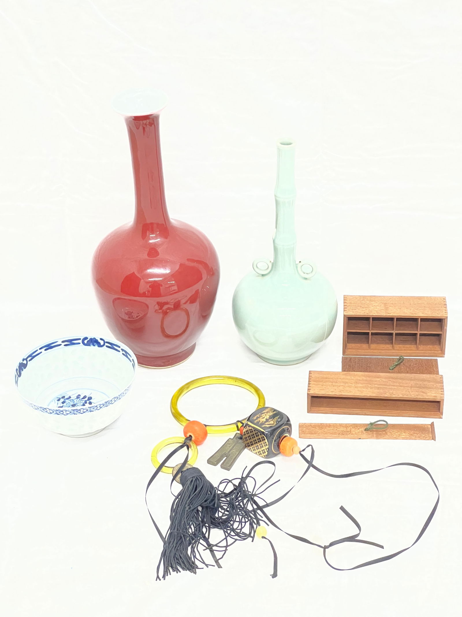 Chinese Items- Celedon Vase, Cut to Blue Bowl,More - Red Vase 11.5''T, Celedon Bamboo Vase 9.5''T, (1 of 11)